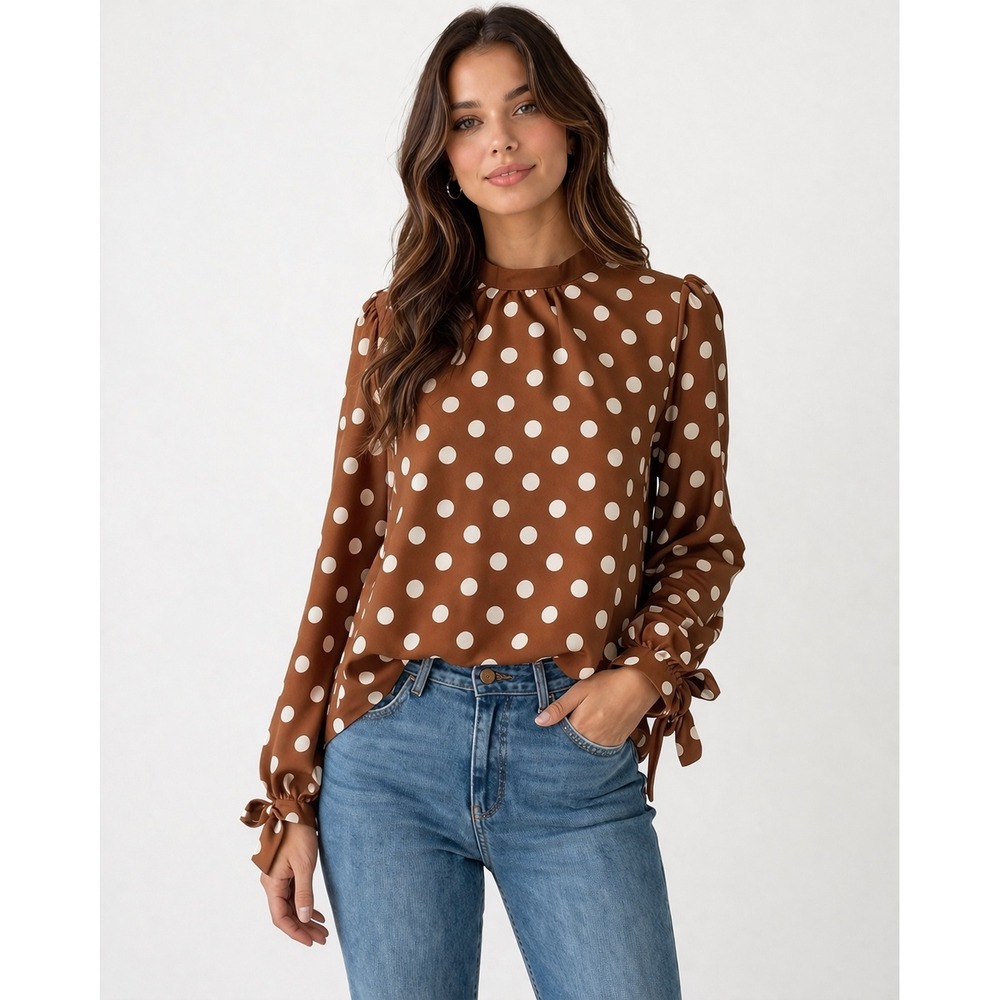 Vintage Chic Brown Polka Dot Blouse Womens Small